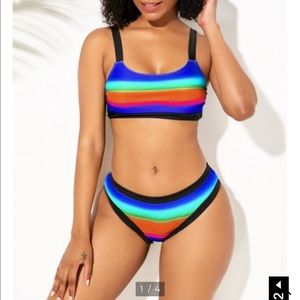 Spaghetti Strap Bowknot Ombre Rainbow Bikini Set
